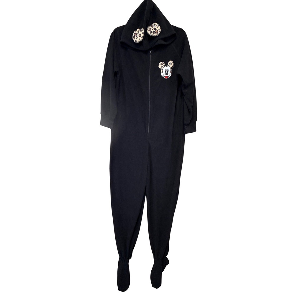 Disney Mickey Mouse Leopard Ear Hooded Fleece Footed Pajamas Union Suit Black L